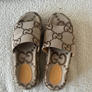 Gucci Beige Monogram Platform Mules